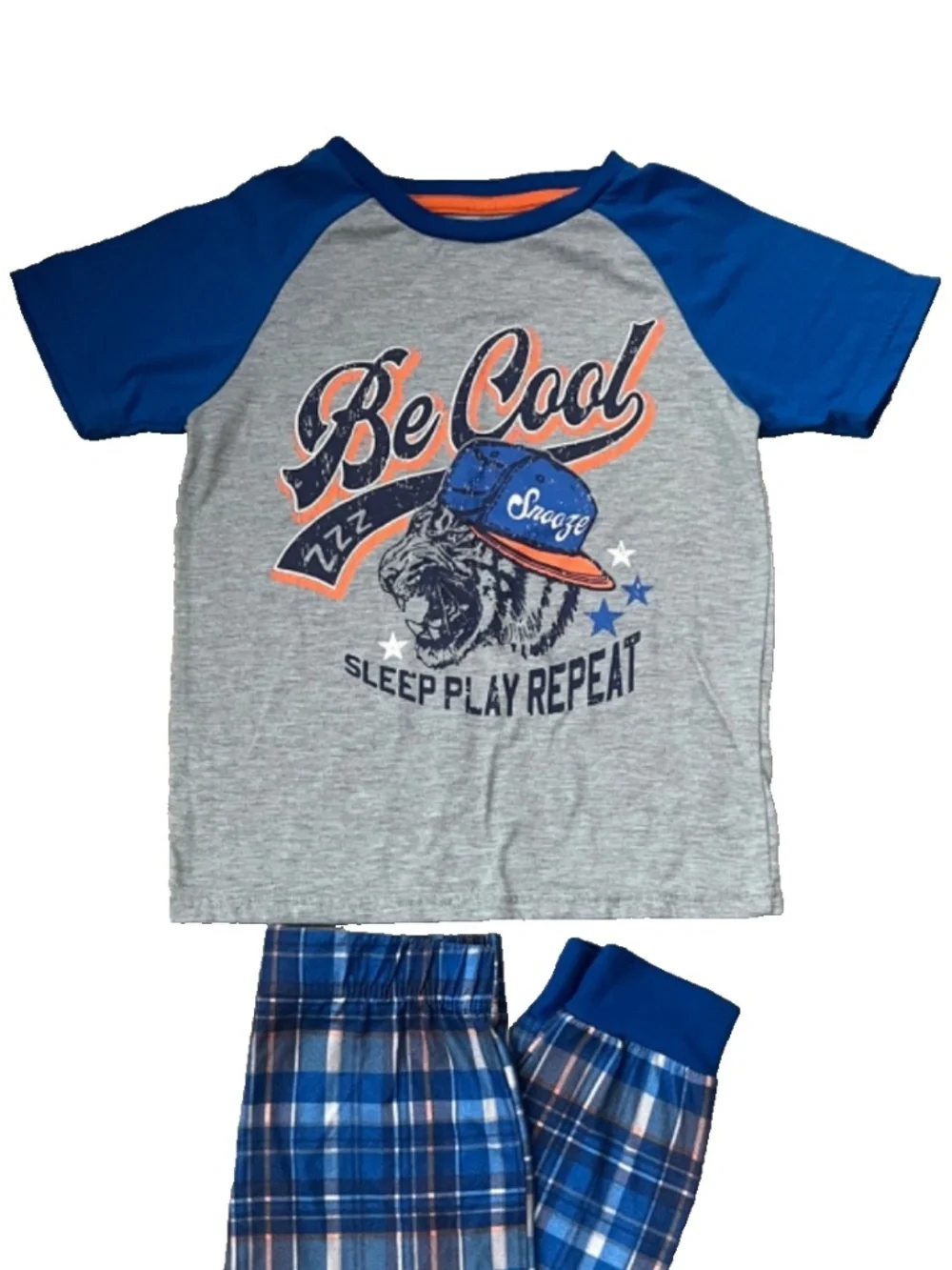Sleep On It Boys Blue Baseball Top & Plaid Pajama Pants Set Size 6/7